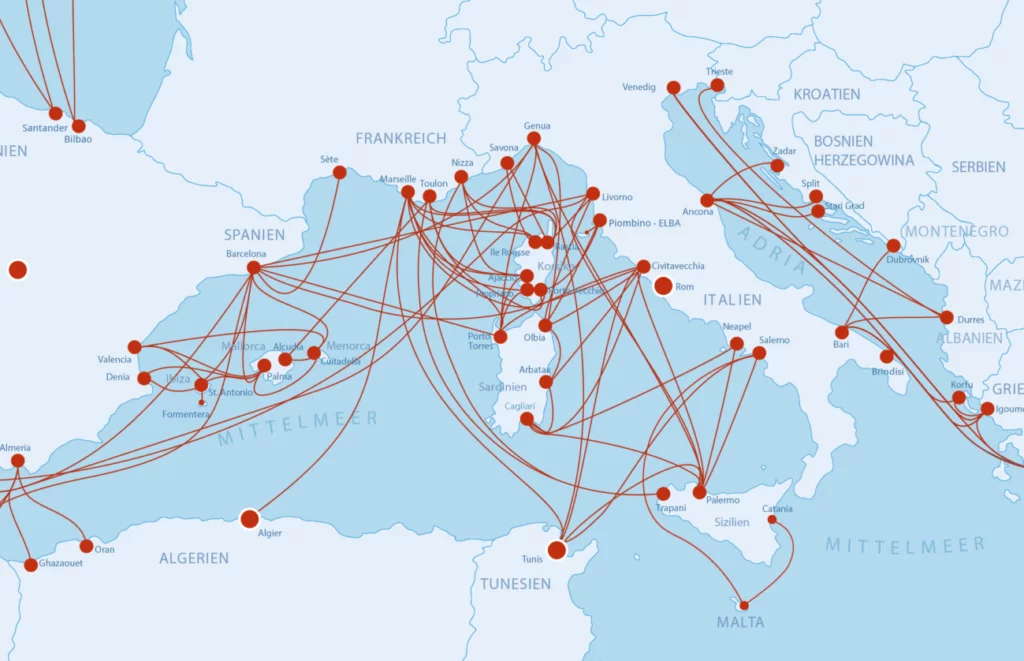 Fährkarte Südeuropa Fährkarte, Fähren, Fährverbindungen Südeuropa Mittelmeer Karte