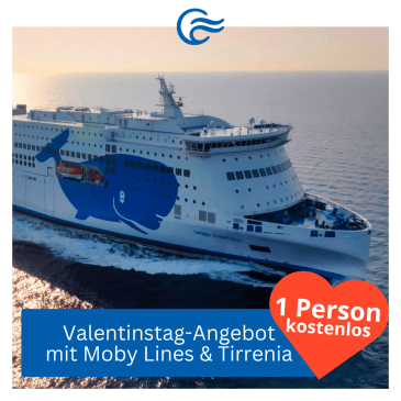 Valentinsangebot mit Moby Lines: 1 Erwachsener reist kostenlos auf der Fähre nach Sardinien, Korsika und Sizilien 100% Rabatt Erwachsener mit Moby Lines